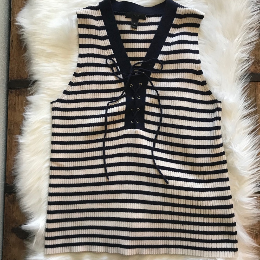 J. Crew navy & cream tie up sleeveless sweater